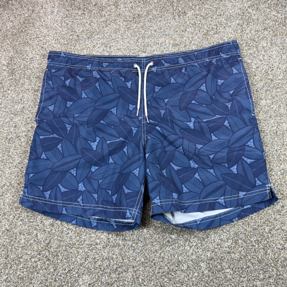 Lands End Mens Swim Trunks Navy Blue Leaf Print Board Shorts Size M 32-34